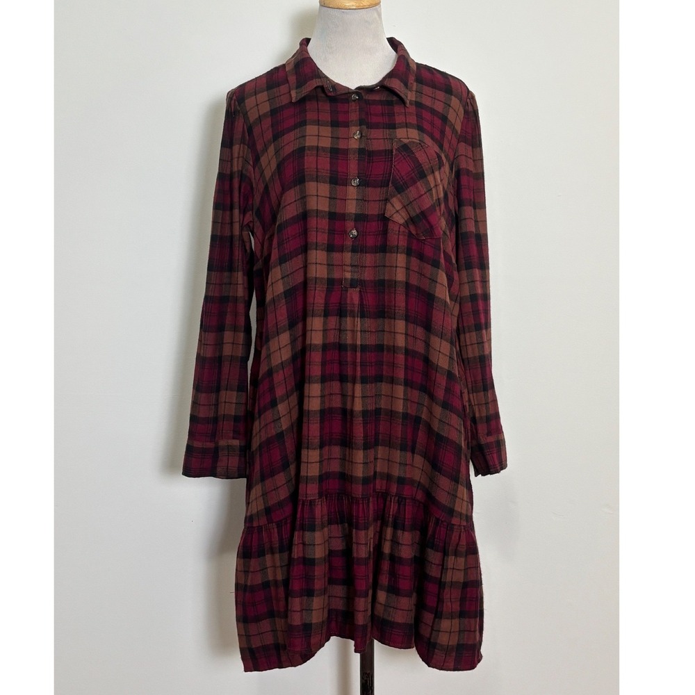 Time and Tru Womens Plaid Shirt Dress L Cottage Academia Preppy Cabin Ruffle Hem